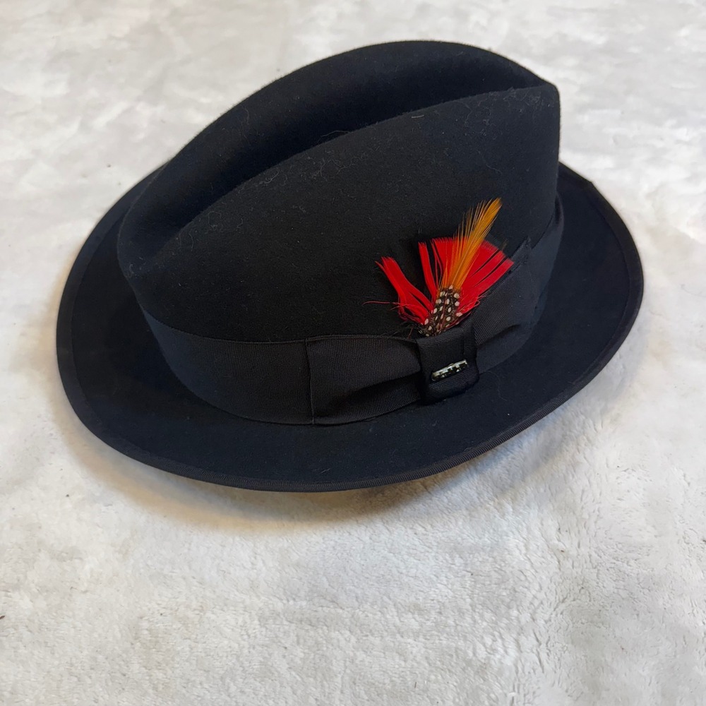 Scala Classico Madison Black Wool Felt Fedora Hat with Feather Large Mens
